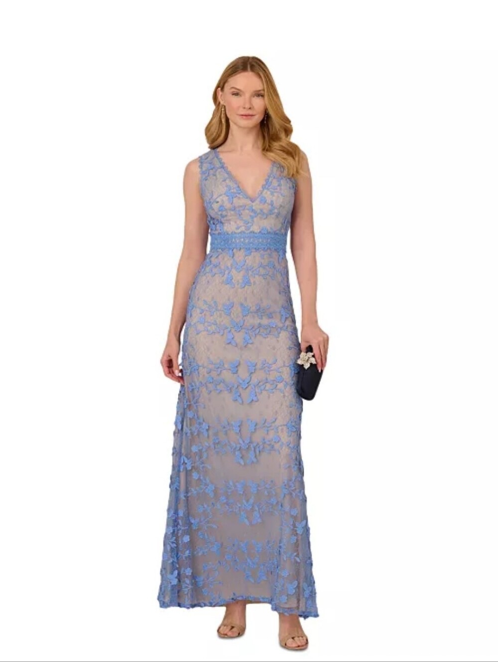 NWT Adrianna Papell Embroidered Lace V Neck Evening Gown Blue Size 4 MSRP $279